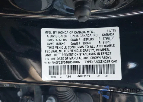 2016 Honda Civic Lx z USA, uszkodzony, nr VIN 2HGFC2F54GH510102